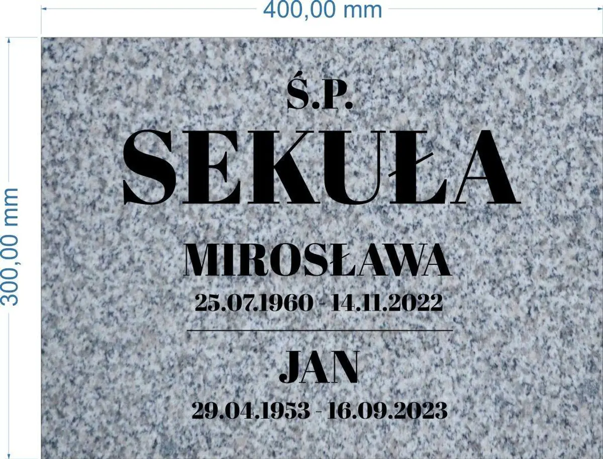 Szara płyta granitowa z grawerem na nagrobek – tablica do naklejenia 40×30 cm