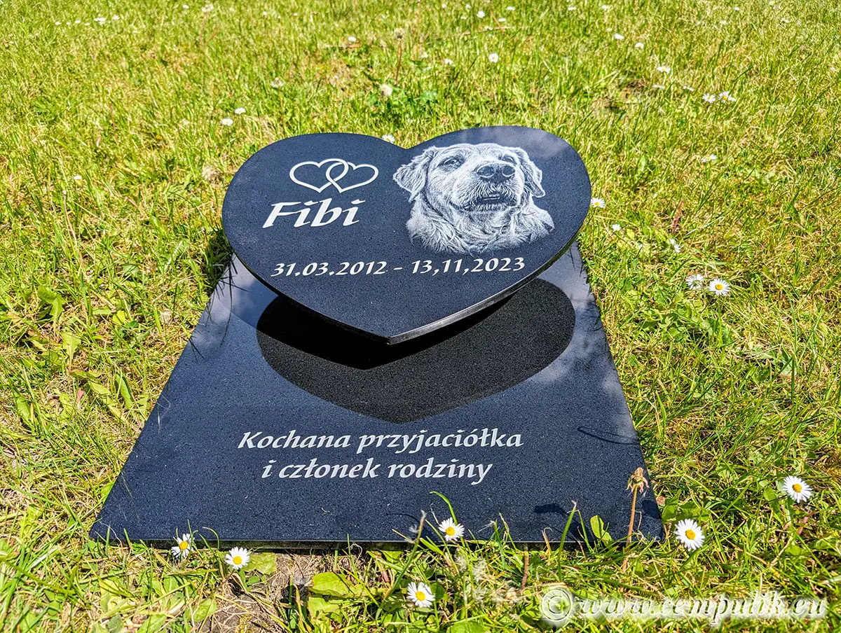 Granitowe serce z podstawą dla psa o imieniu Fibi