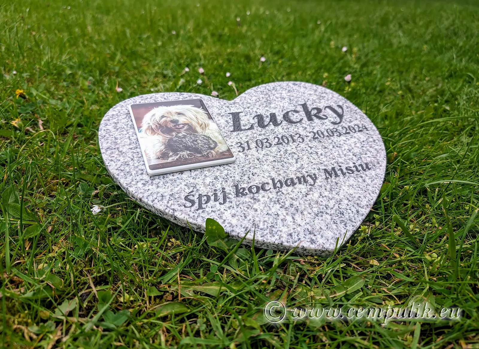 Serce pełne wspomnień: Pamiątka dla Lucky’ego Nagrobek dla psa w kształcie serca ze zdjęciem porcelanowym