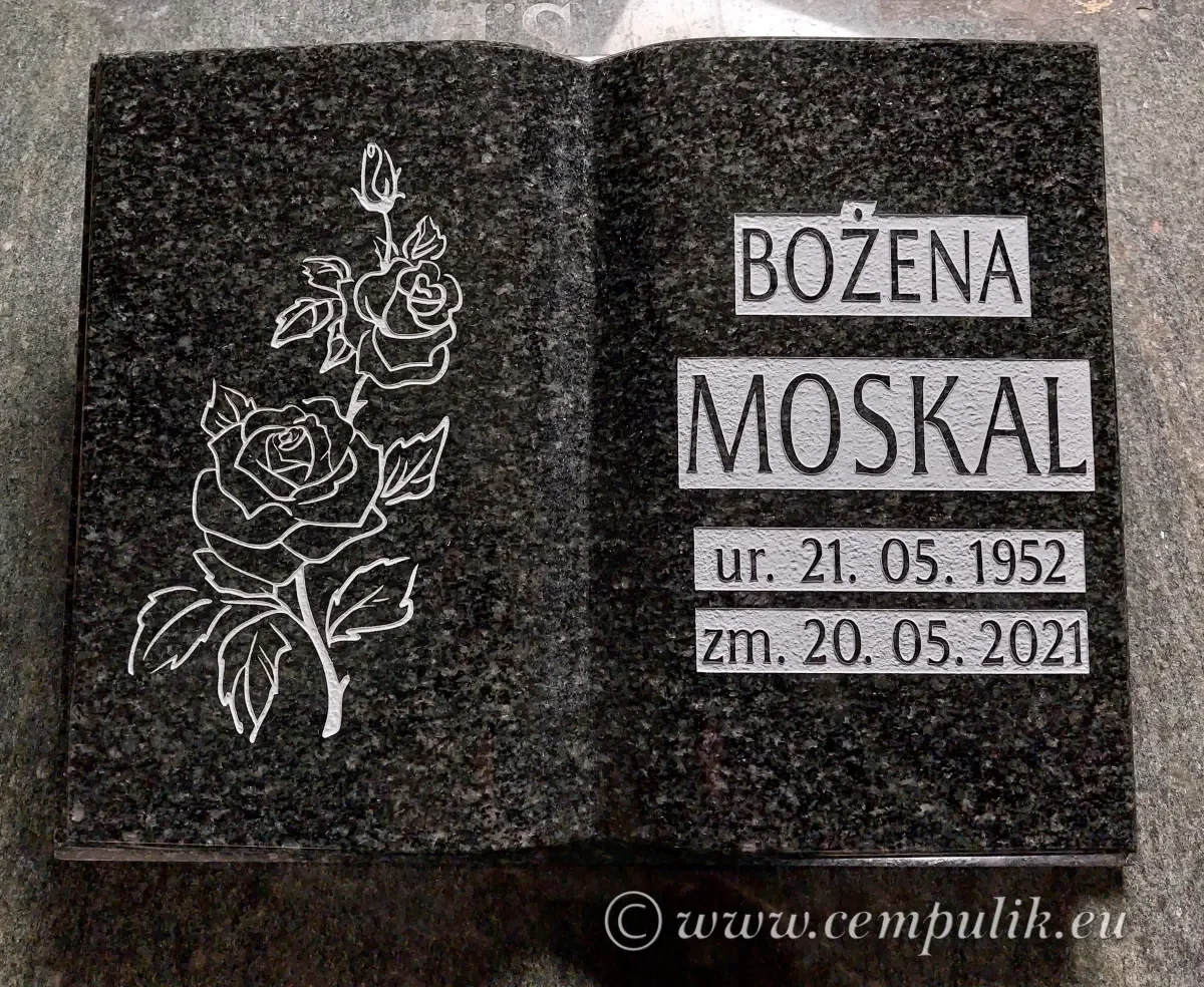 Książka granitowa nagrobna – ciemny granit, personalizowany napis